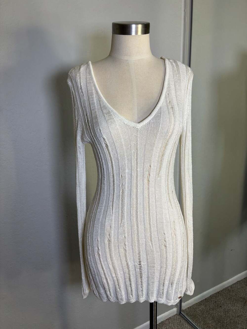 Guess Ribbed Knit V-Neck Sweater Dress White